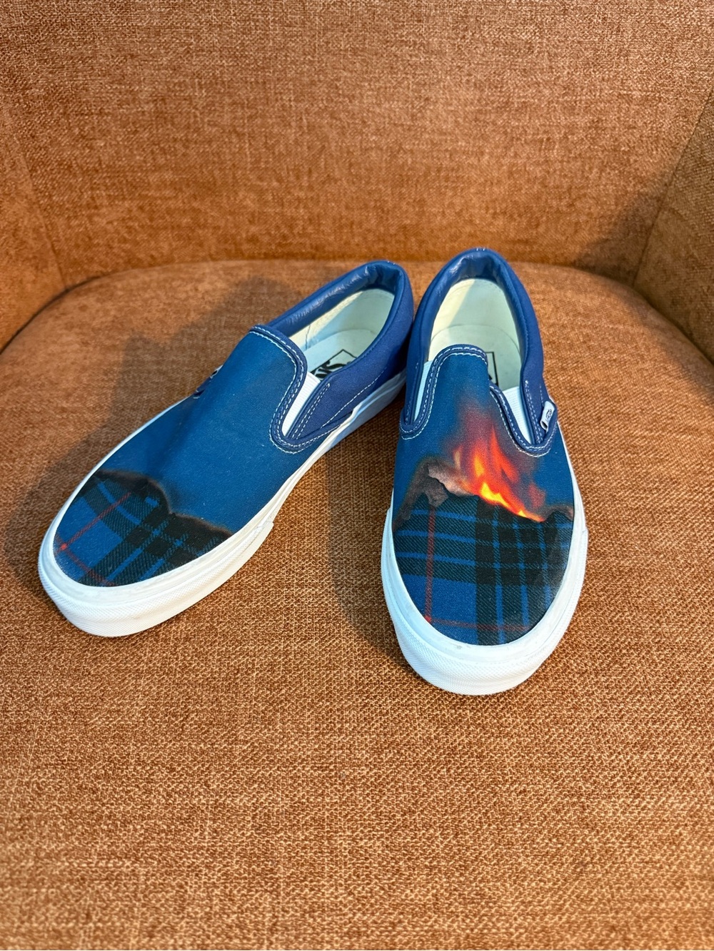 Vans Blue Slip-On Canvas Shoes with Flame and Plaid Graphic 6.5M 8W